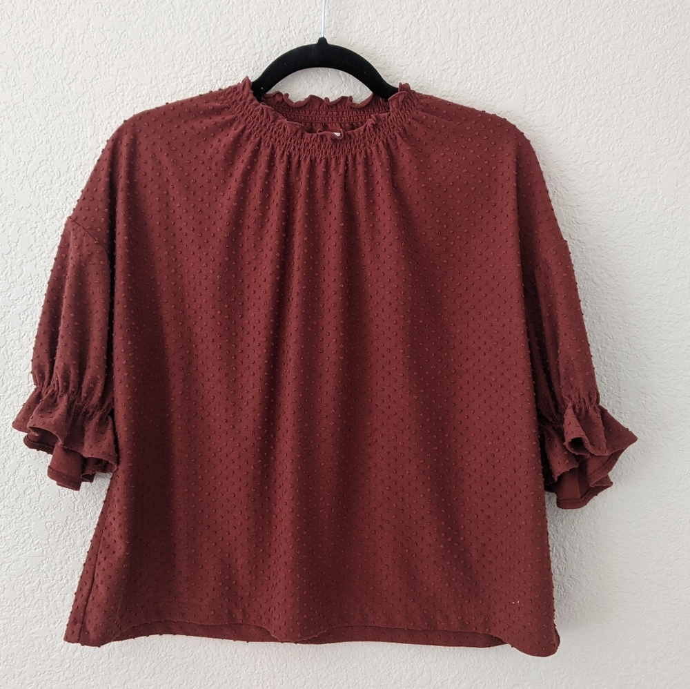 Madewell Rust Red Swiss Dot Ruffle Sleeve Blouse